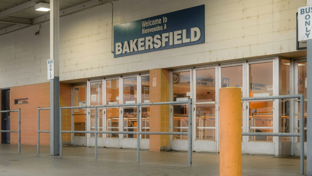 an empty building with a sign that says bakers field