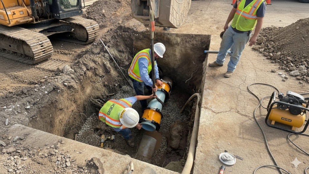 Blake Toth, Construction/Maintenance Tech I; Mike Young, Construction/Maintenance Technician III working on a pipe project.