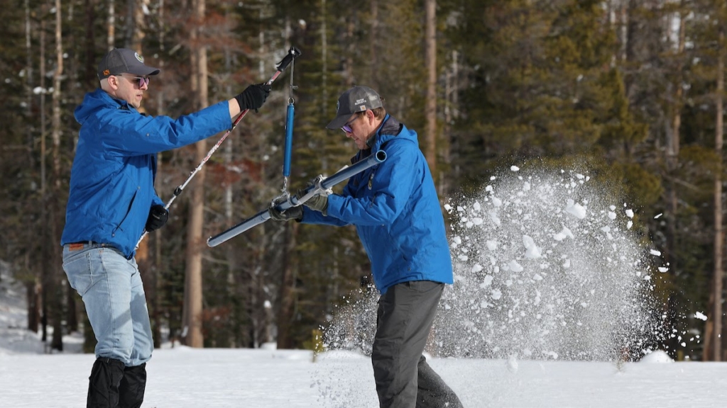 DWR staff conducting the first snow survey of the season at Phillips Station. Photo taken Dec. 30, 2025
