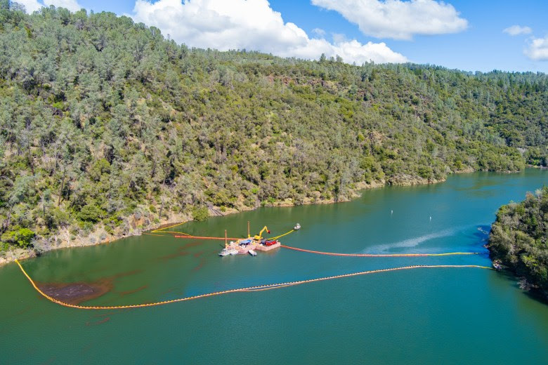 near completion of oily debris removal on Englebright Lake following penstock rupture