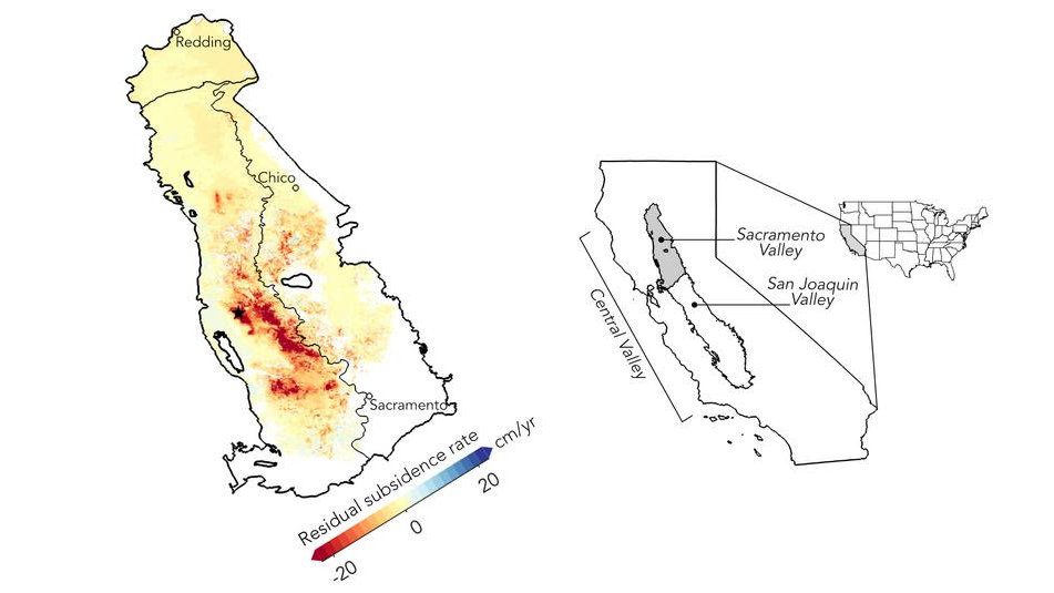 A depiction of residual land subsidence rates from January 2021 to October 2022 in the Sacramento Valley in northern California, according to a new study on groundwater depletion in the region. (Graphic by Stacy Larochelle)