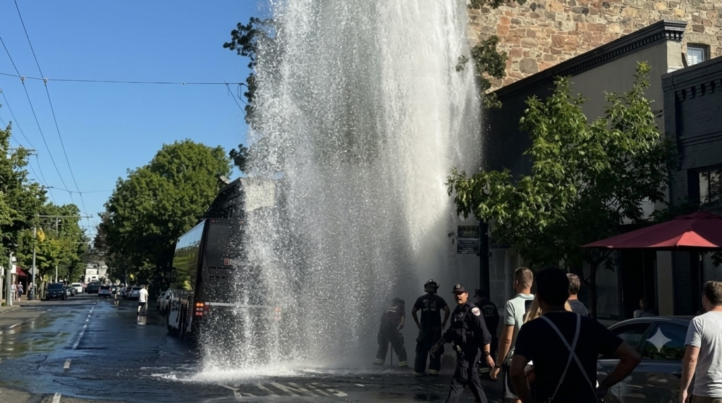 A bus struck a fire hydrant July 18 in St. Helena, causing a rush of water to loosen sediment in water distribution pipes. (The City of St. Helena)